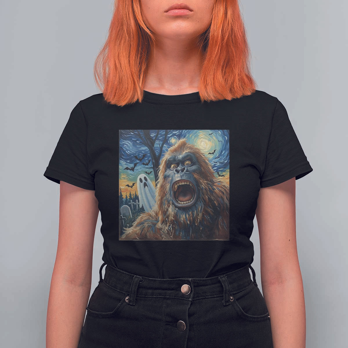 Funny Halloween T Shirt For Women Bigfoot Selfie With Ghost Starry Night Art - Wonder Print Shop