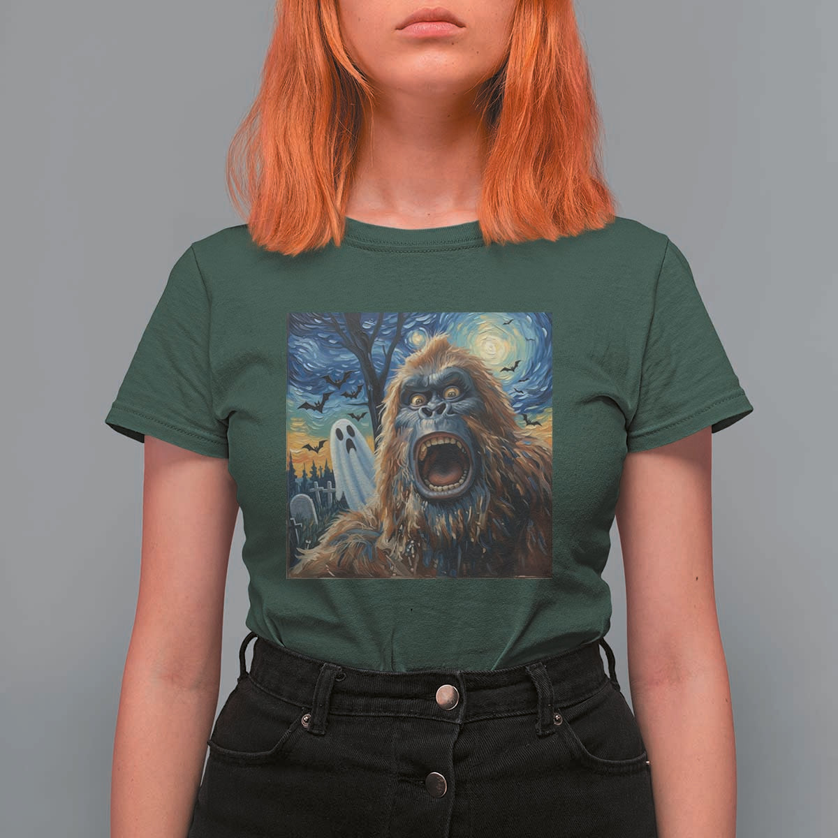 Funny Halloween T Shirt For Women Bigfoot Selfie With Ghost Starry Night Art - Wonder Print Shop
