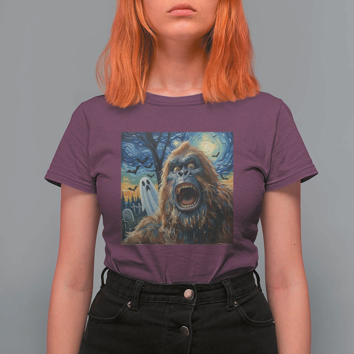 Funny Halloween T Shirt For Women Bigfoot Selfie With Ghost Starry Night Art - Wonder Print Shop