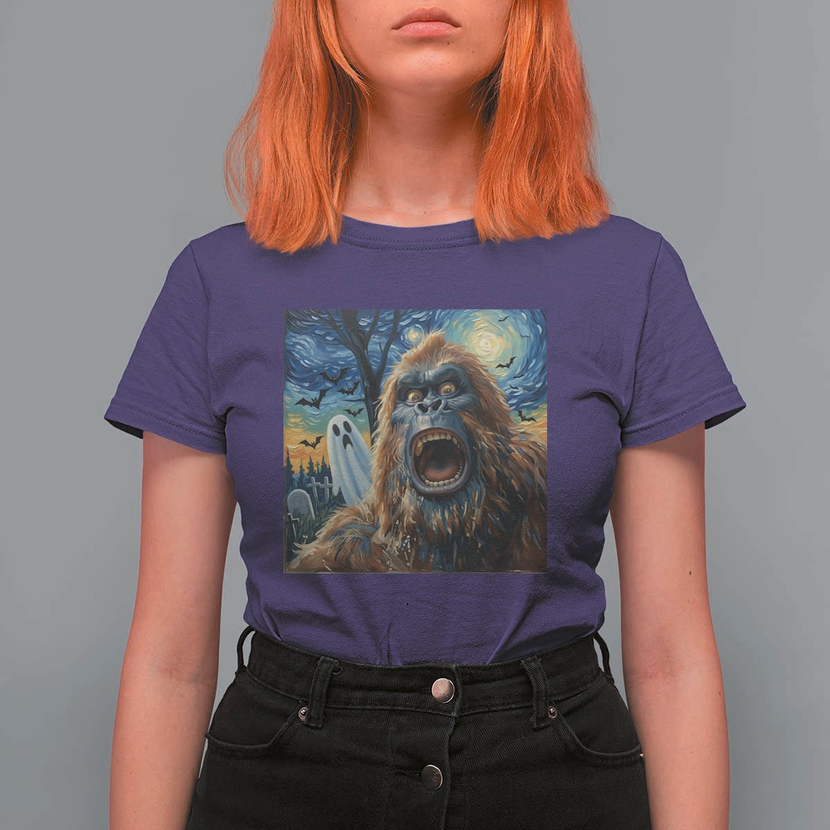 Funny Halloween T Shirt For Women Bigfoot Selfie With Ghost Starry Night Art - Wonder Print Shop