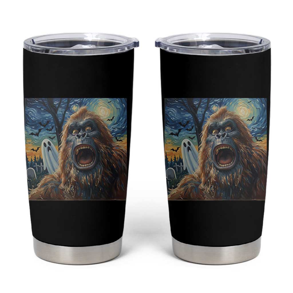 Funny Halloween Tumbler Cup Bigfoot Selfie With Ghost Starry Night Art