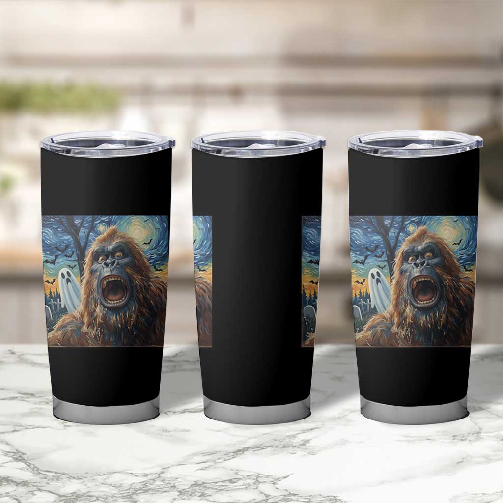 Funny Halloween Tumbler Cup Bigfoot Selfie With Ghost Starry Night Art