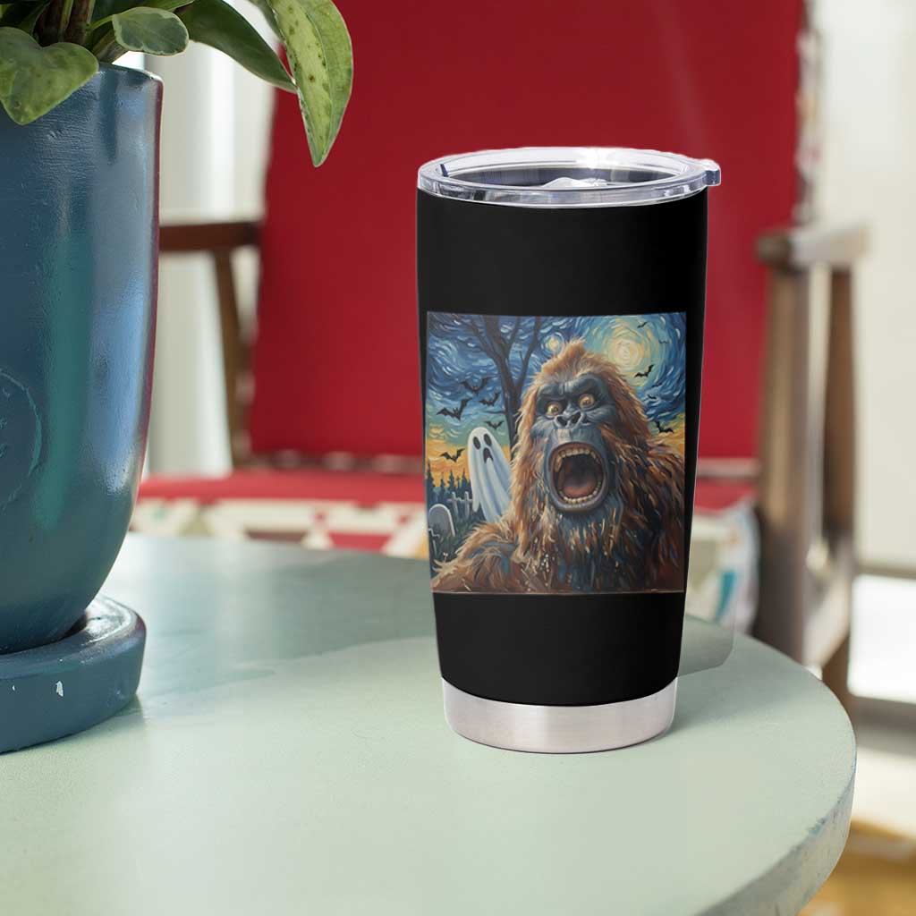 Funny Halloween Tumbler Cup Bigfoot Selfie With Ghost Starry Night Art