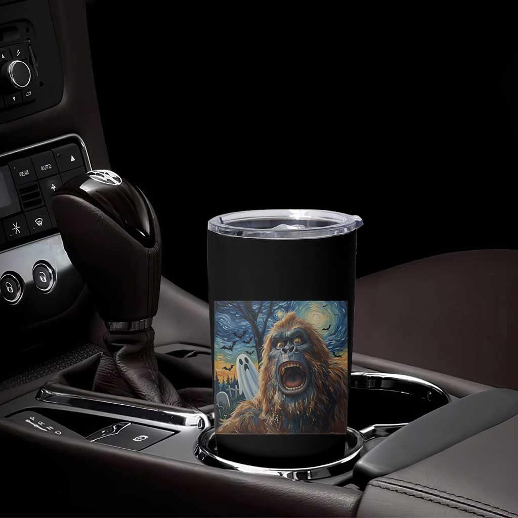 Funny Halloween Tumbler Cup Bigfoot Selfie With Ghost Starry Night Art