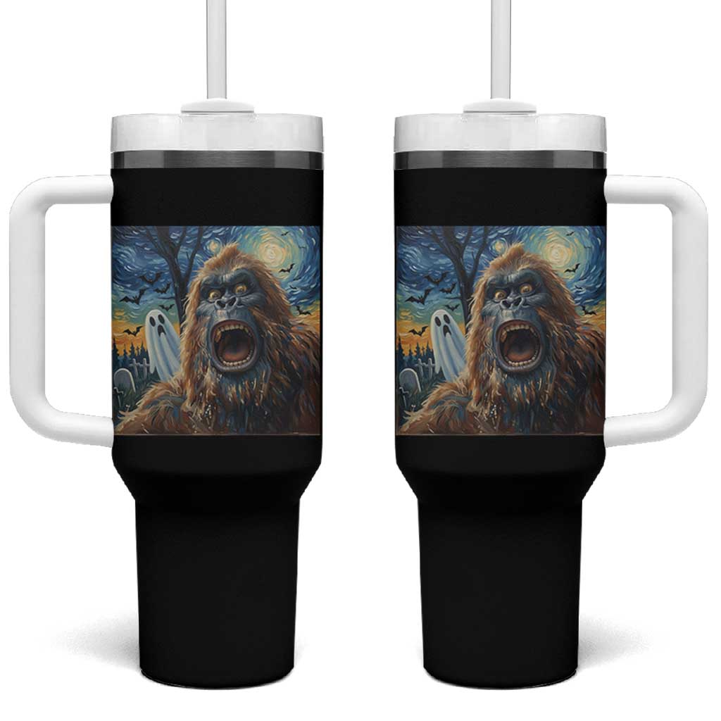 Funny Halloween Tumbler With Handle Bigfoot Selfie With Ghost Starry Night Art