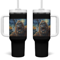 Funny Halloween Tumbler With Handle Bigfoot Selfie With Ghost Starry Night Art