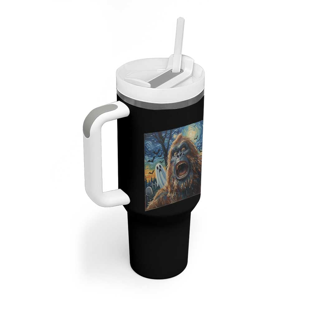 Funny Halloween Tumbler With Handle Bigfoot Selfie With Ghost Starry Night Art