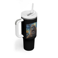 Funny Halloween Tumbler With Handle Bigfoot Selfie With Ghost Starry Night Art