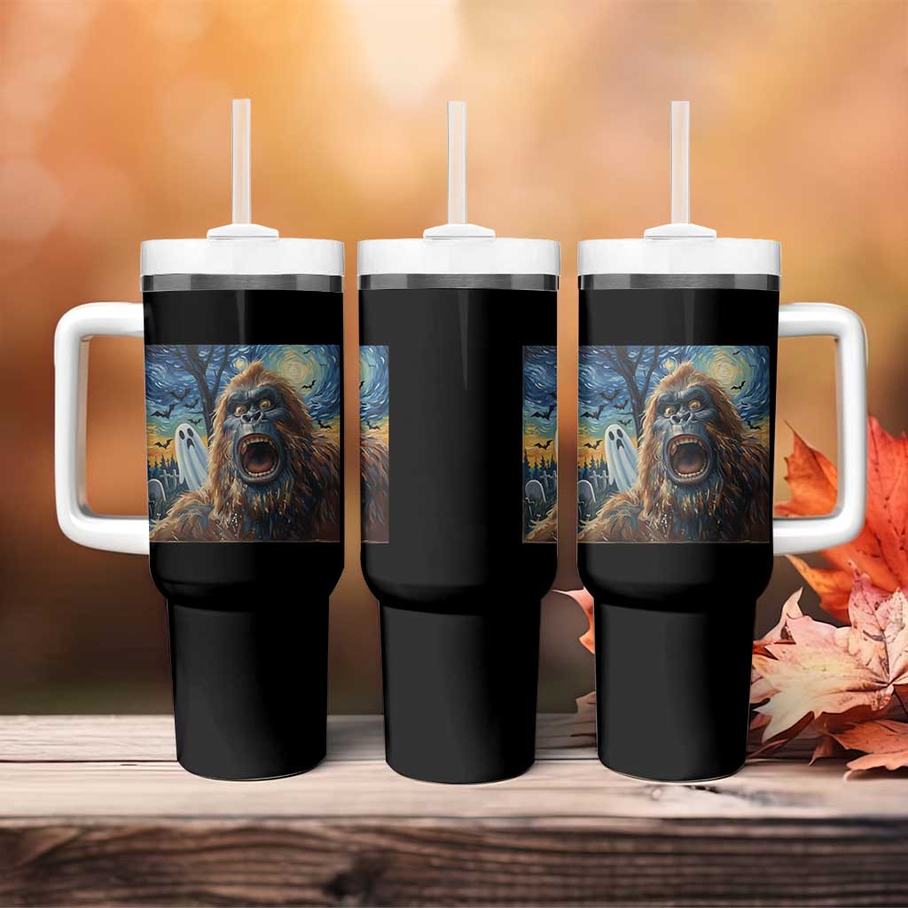 Funny Halloween Tumbler With Handle Bigfoot Selfie With Ghost Starry Night Art