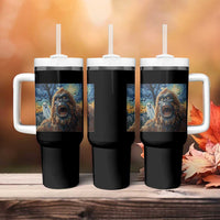 Funny Halloween Tumbler With Handle Bigfoot Selfie With Ghost Starry Night Art