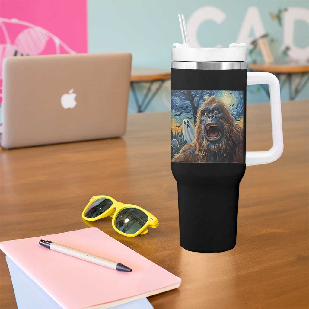 Funny Halloween Tumbler With Handle Bigfoot Selfie With Ghost Starry Night Art