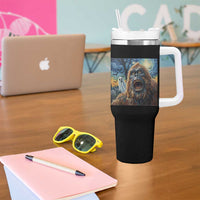 Funny Halloween Tumbler With Handle Bigfoot Selfie With Ghost Starry Night Art