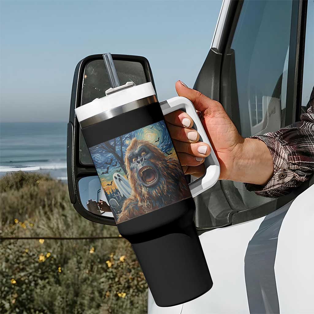 Funny Halloween Tumbler With Handle Bigfoot Selfie With Ghost Starry Night Art