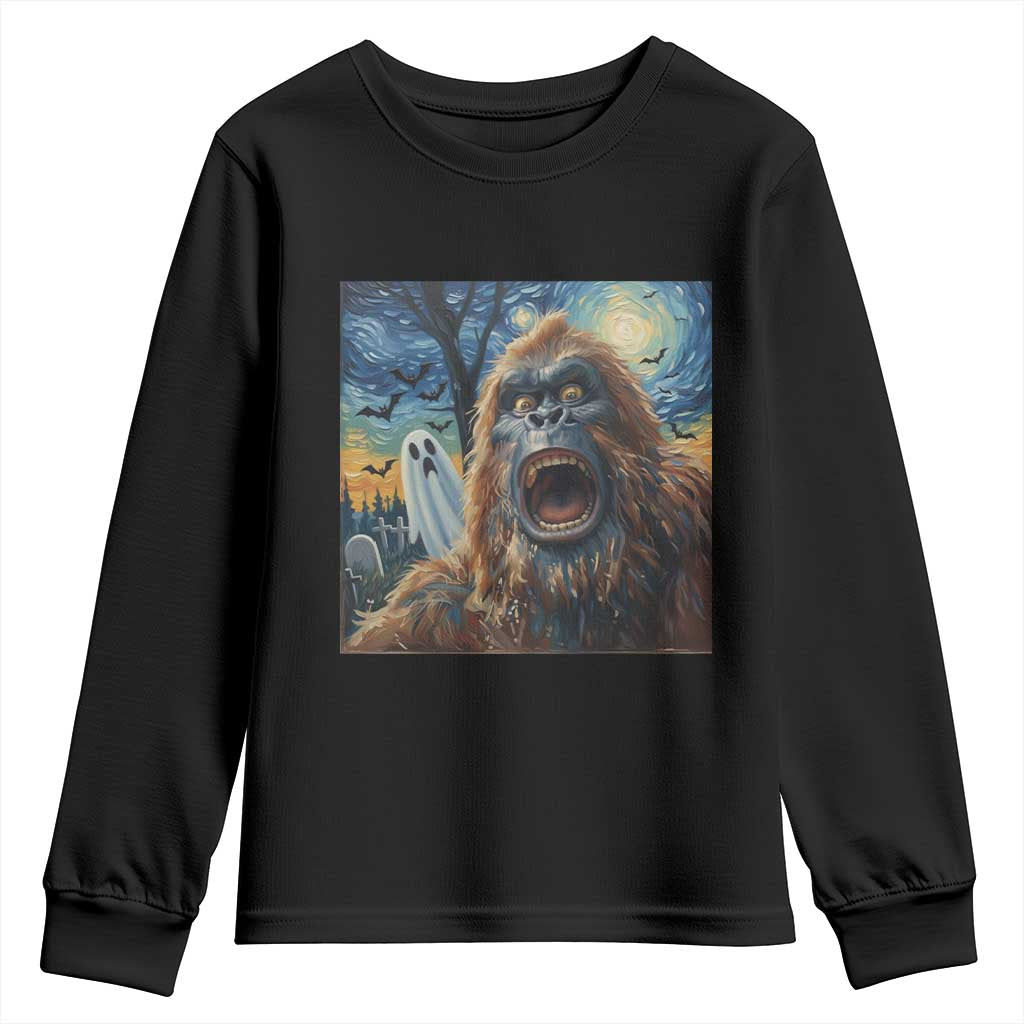 Funny Halloween Youth Sweatshirt Bigfoot Selfie With Ghost Starry Night Art - Wonder Print Shop
