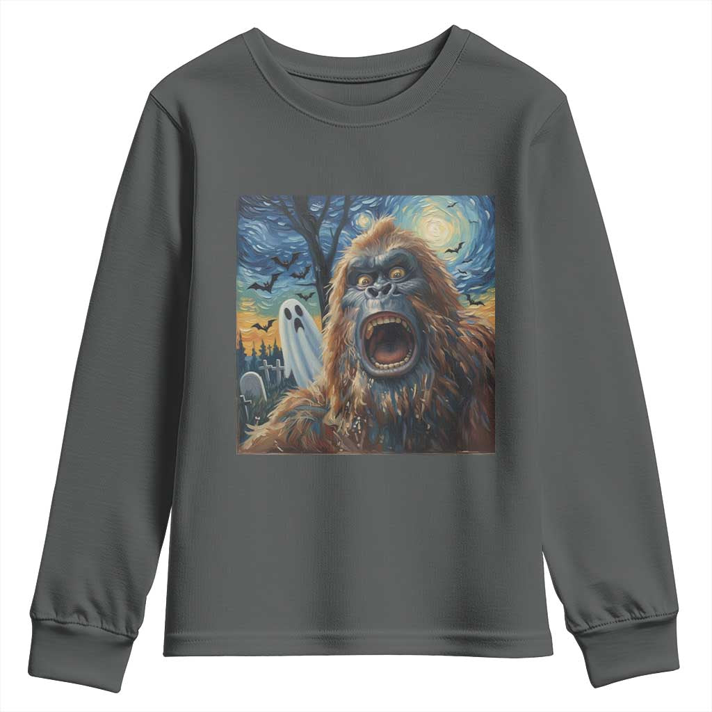 Funny Halloween Youth Sweatshirt Bigfoot Selfie With Ghost Starry Night Art - Wonder Print Shop