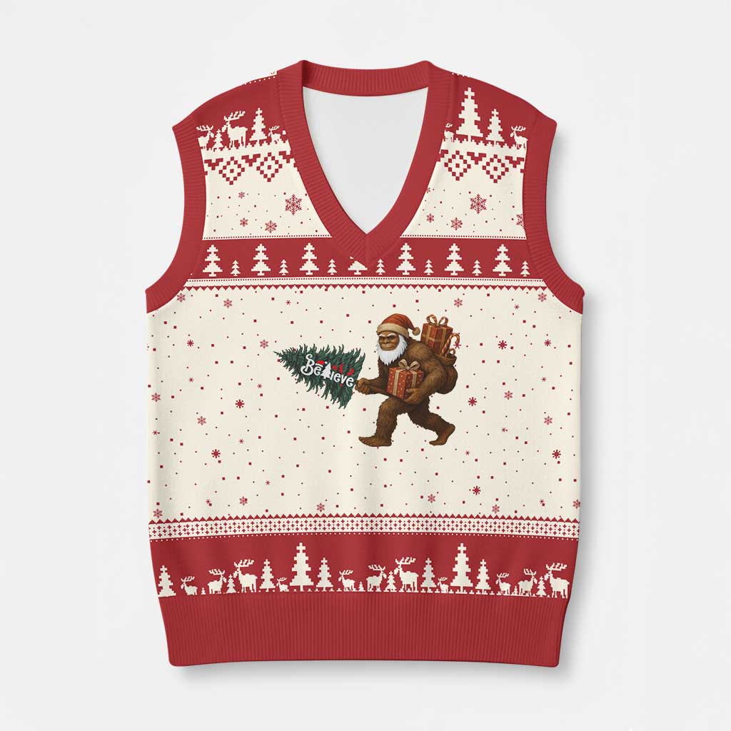 Believe Bigfoot Xmas V-Neck Knit Sweater Vest Sasquatch Holiday Gift - Wonder Print Shop