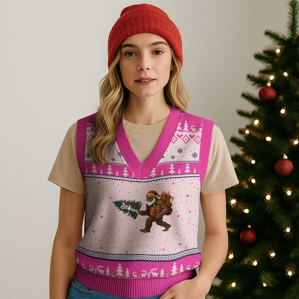 Believe Bigfoot Xmas V-Neck Knit Sweater Vest Sasquatch Holiday Gift - Wonder Print Shop