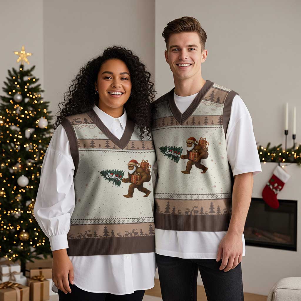 Believe Bigfoot Xmas V-Neck Knit Sweater Vest Sasquatch Holiday Gift - Wonder Print Shop
