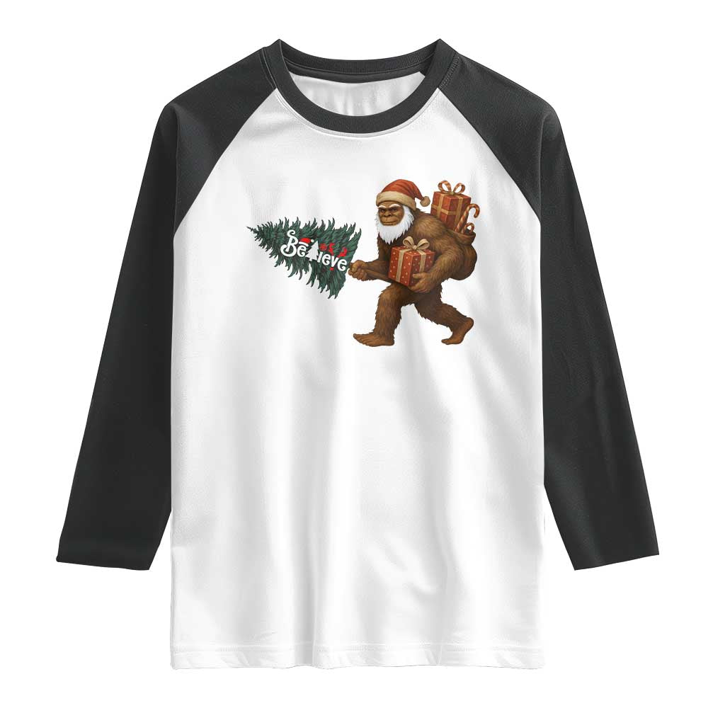 Believe Bigfoot Christmas Raglan Shirt Sasquatch Holiday Gift - Wonder Print Shop