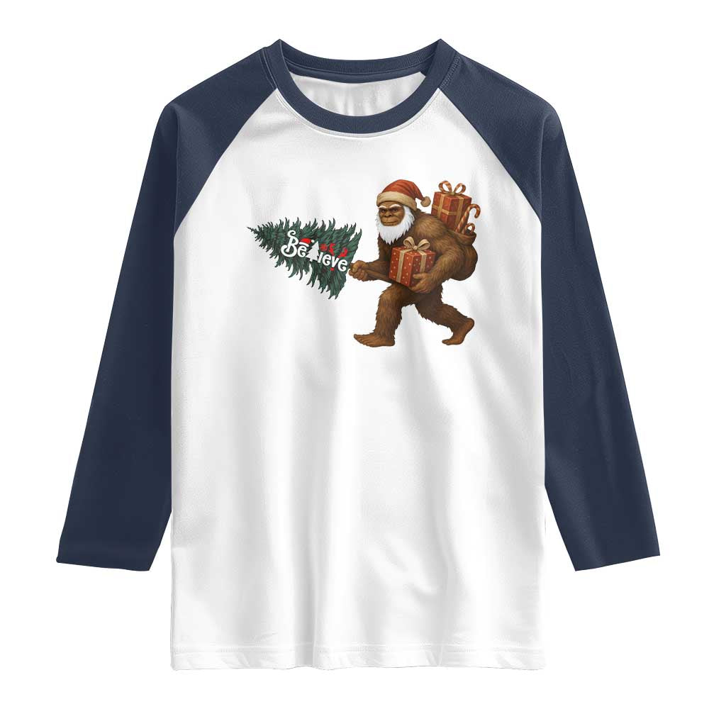 Believe Bigfoot Christmas Raglan Shirt Sasquatch Holiday Gift - Wonder Print Shop