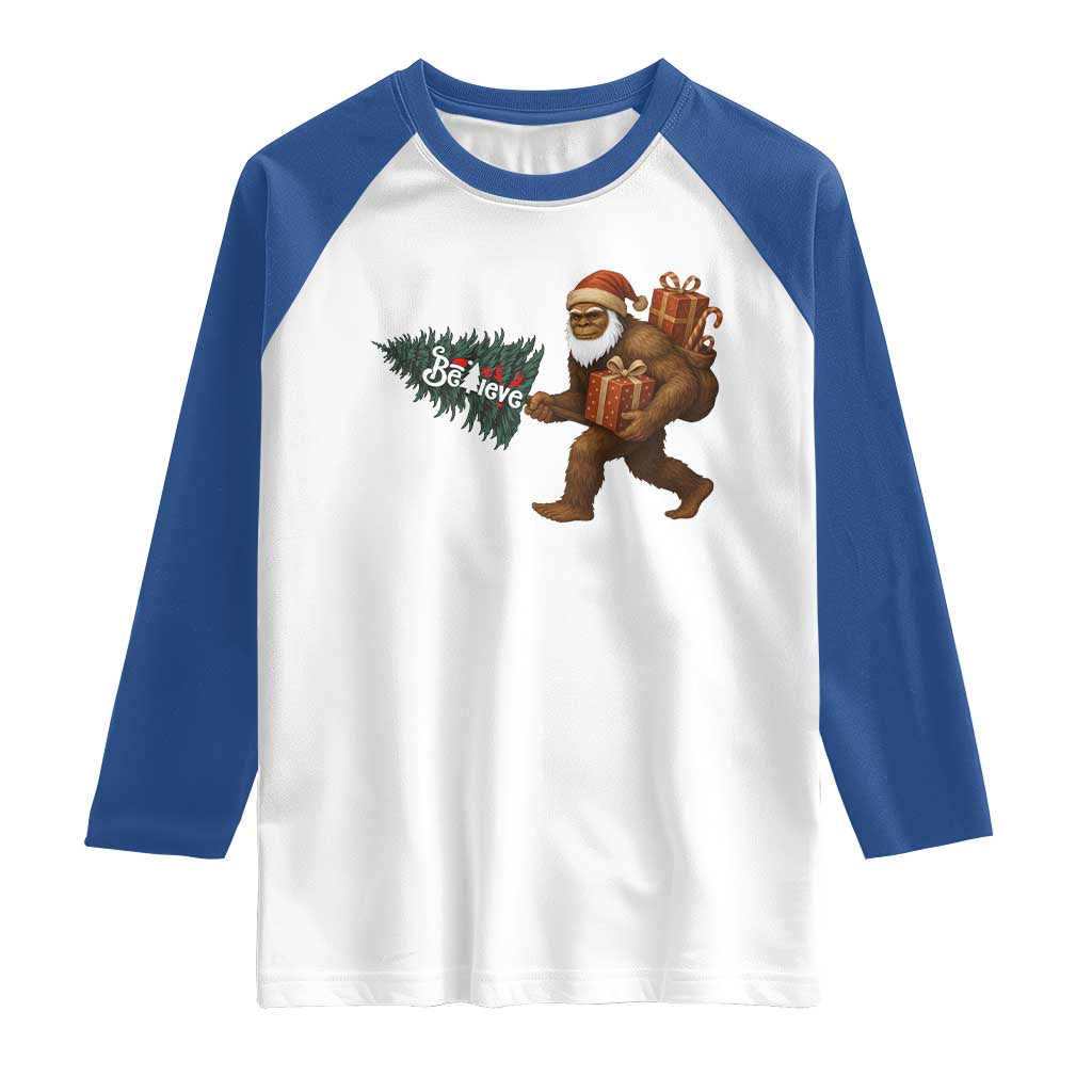 Believe Bigfoot Christmas Raglan Shirt Sasquatch Holiday Gift - Wonder Print Shop