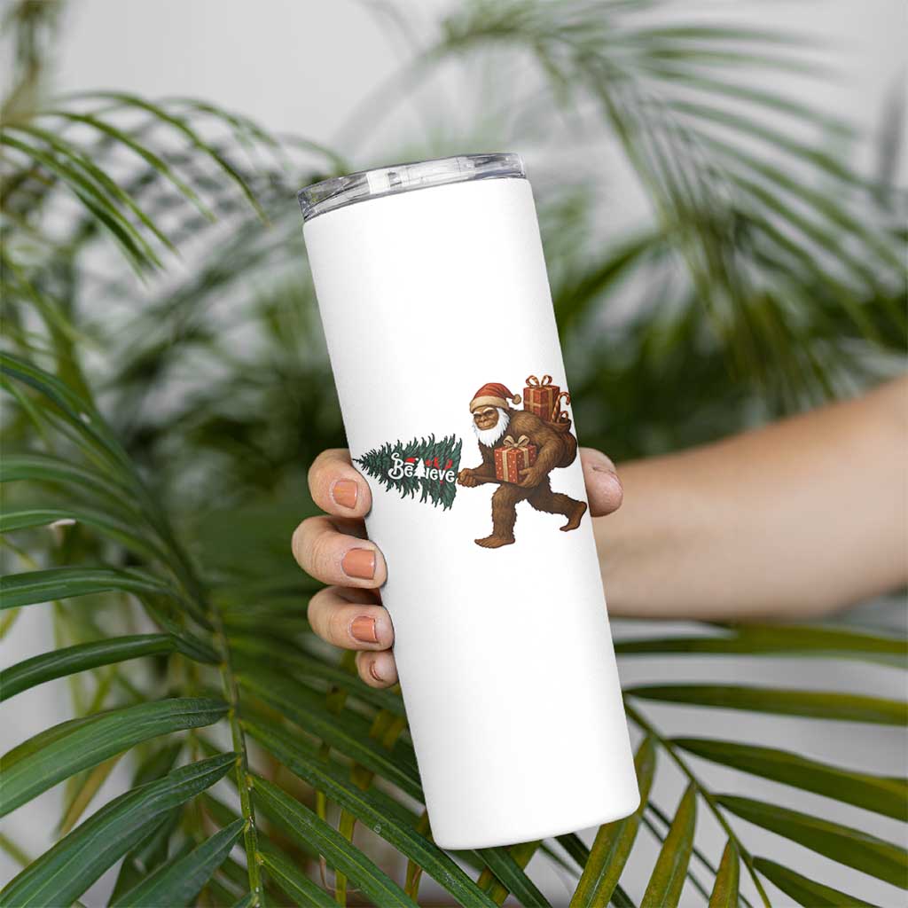 Believe Bigfoot Christmas Skinny Tumbler Sasquatch Holiday Gift