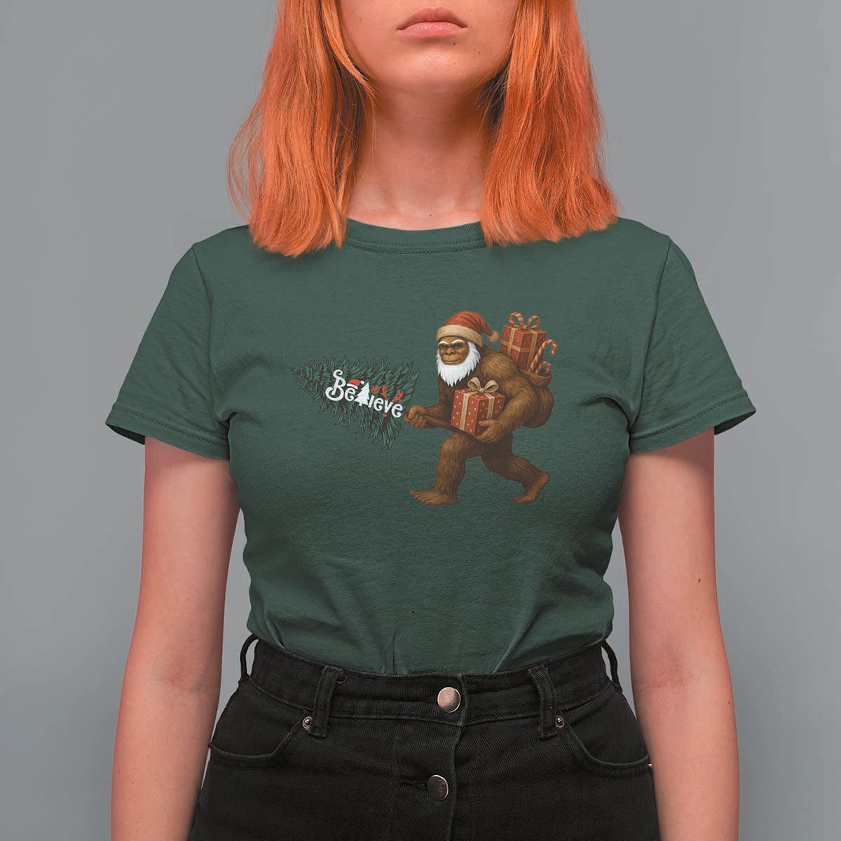 Believe Bigfoot Christmas T Shirt For Women Sasquatch Holiday Gift - Wonder Print Shop