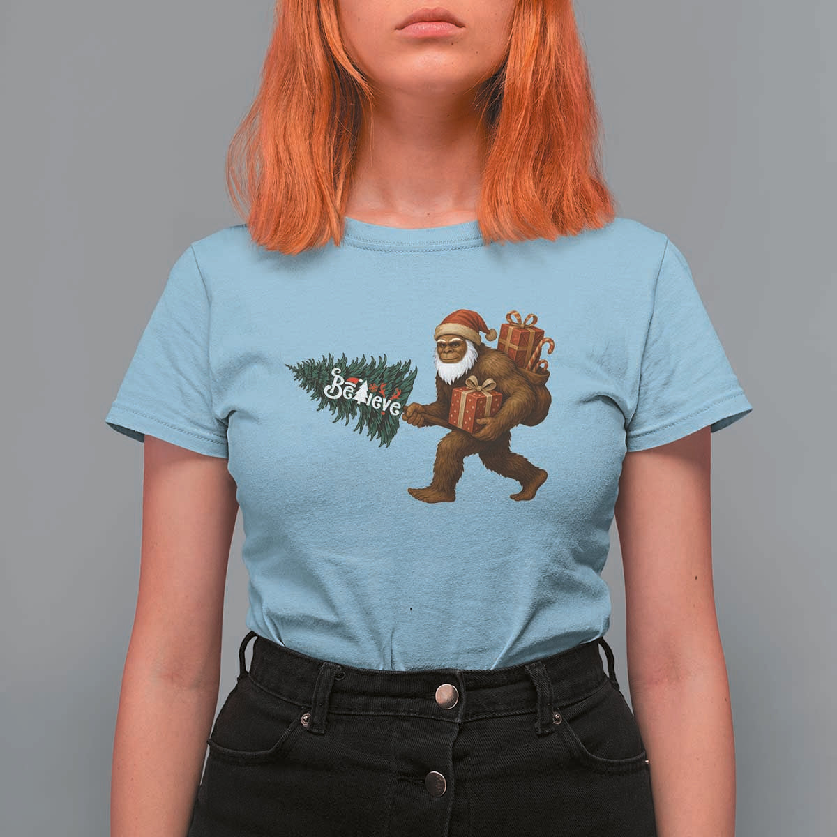 Believe Bigfoot Christmas T Shirt For Women Sasquatch Holiday Gift - Wonder Print Shop