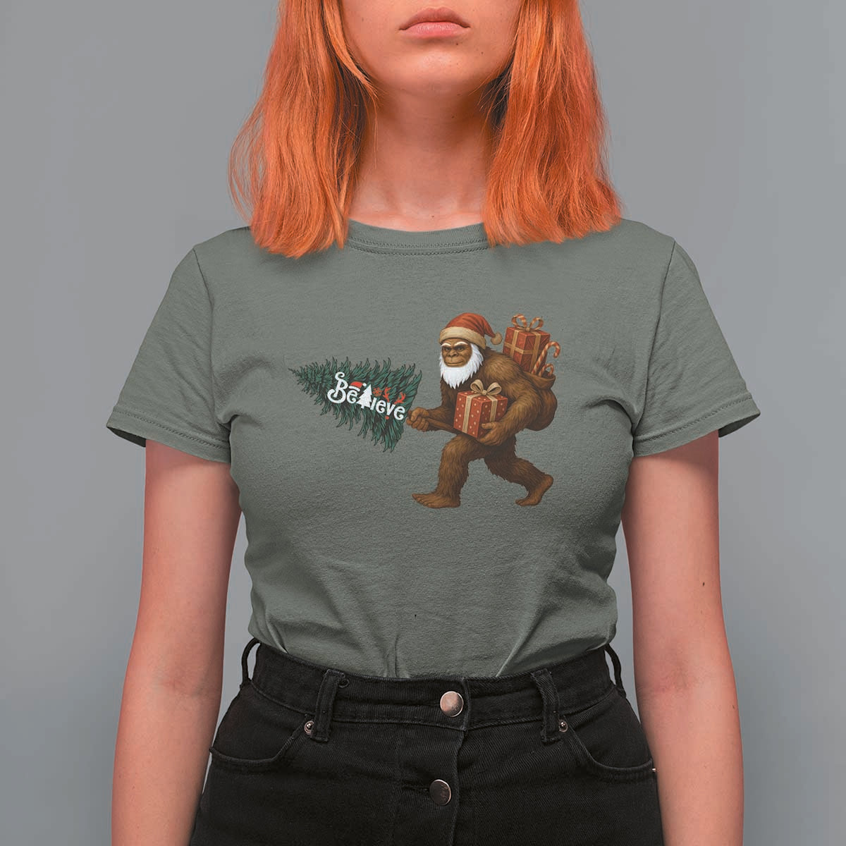 Believe Bigfoot Christmas T Shirt For Women Sasquatch Holiday Gift - Wonder Print Shop