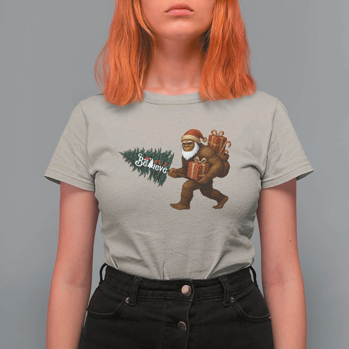 Believe Bigfoot Christmas T Shirt For Women Sasquatch Holiday Gift - Wonder Print Shop