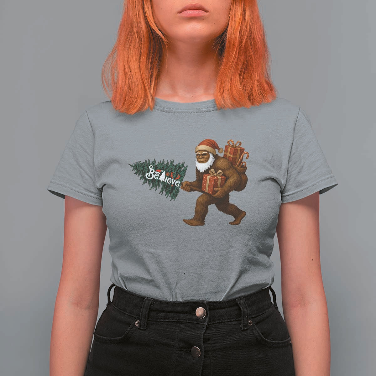 Believe Bigfoot Christmas T Shirt For Women Sasquatch Holiday Gift - Wonder Print Shop