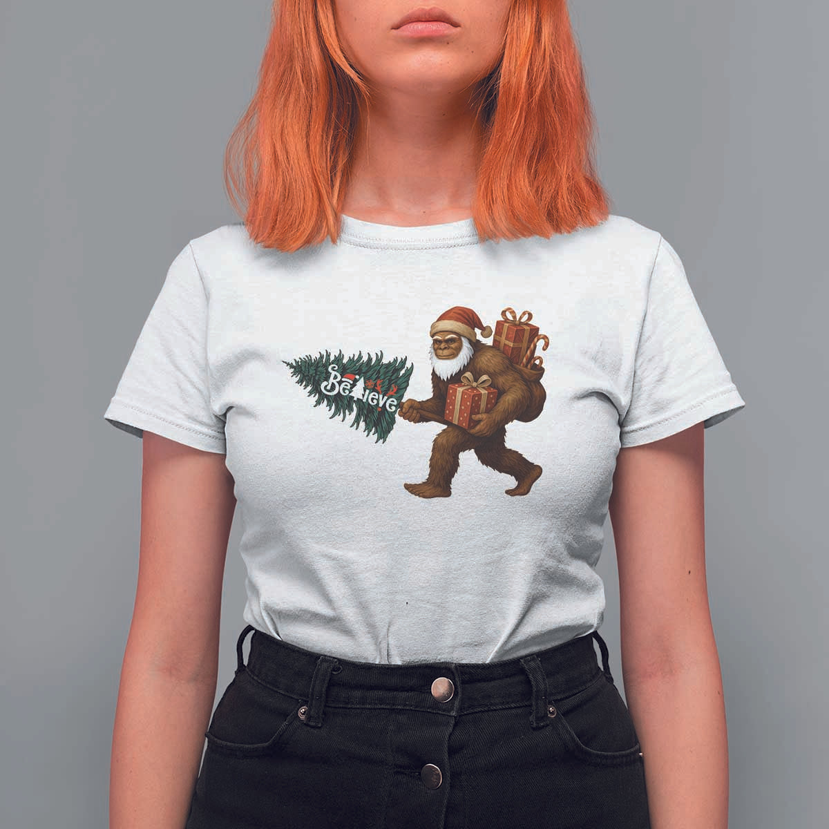 Believe Bigfoot Christmas T Shirt For Women Sasquatch Holiday Gift - Wonder Print Shop