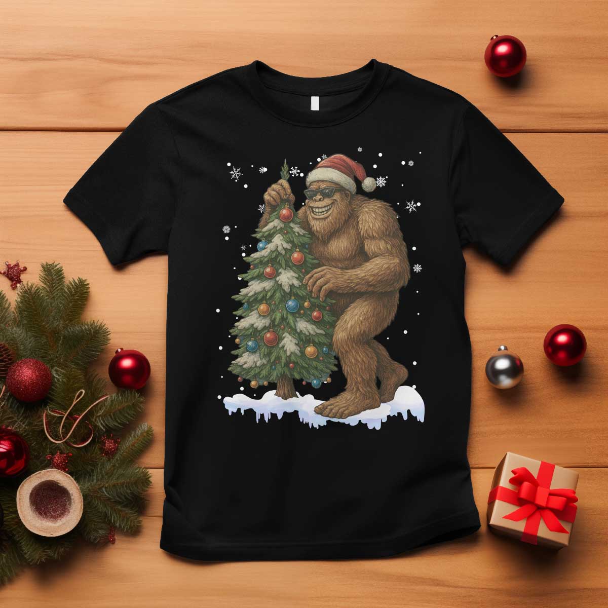 Funny Christmas T Shirt Bigfoot Decorating Xmas Tree Gift - Wonder Print Shop