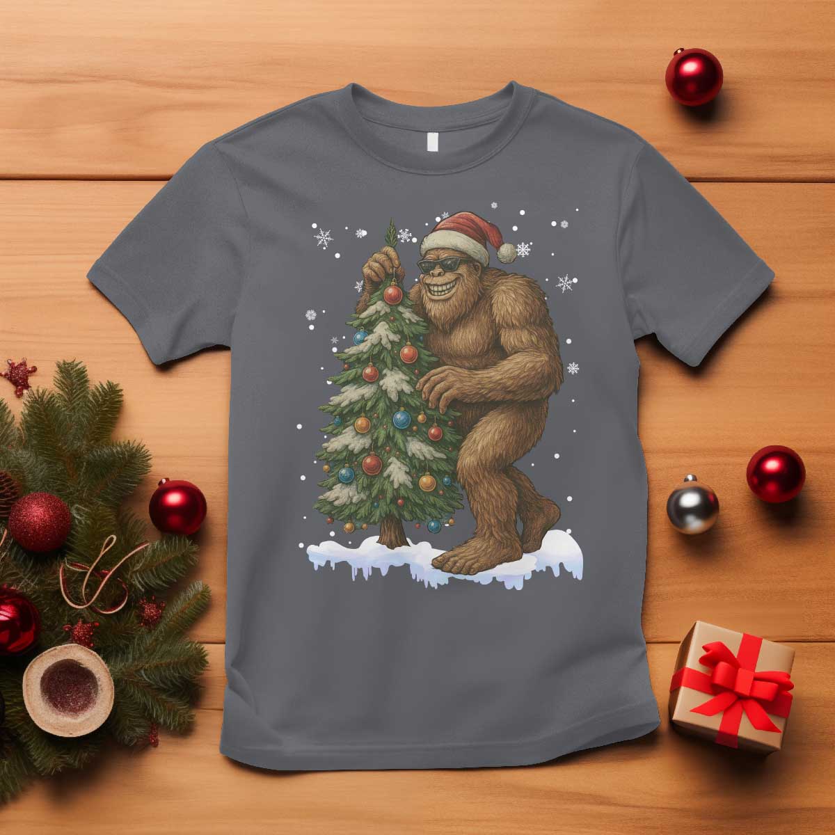 Funny Christmas T Shirt Bigfoot Decorating Xmas Tree Gift - Wonder Print Shop