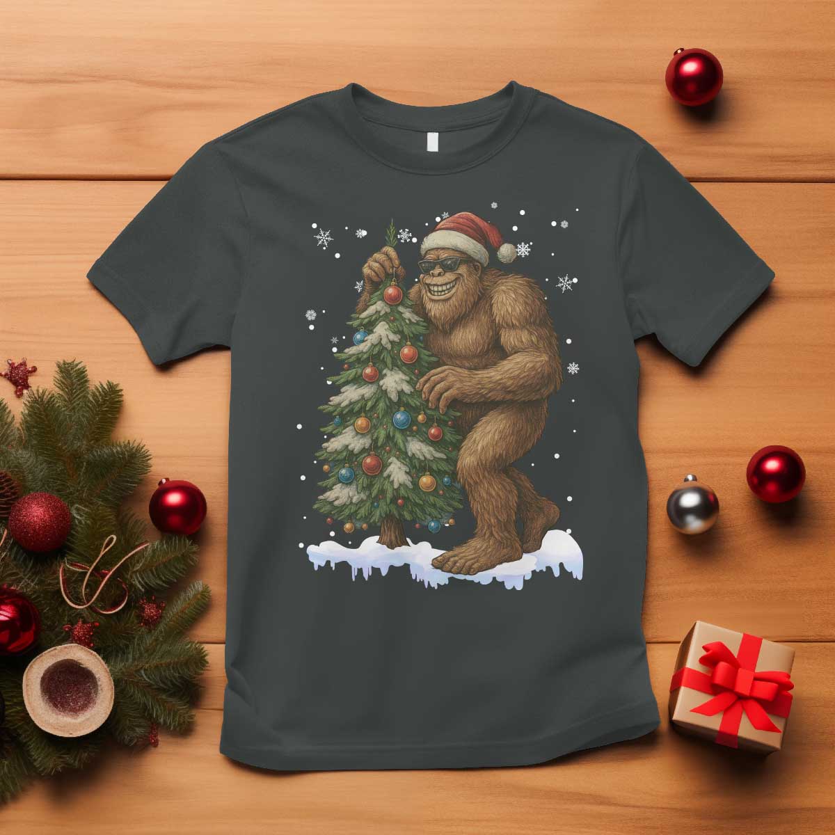 Funny Christmas T Shirt Bigfoot Decorating Xmas Tree Gift - Wonder Print Shop