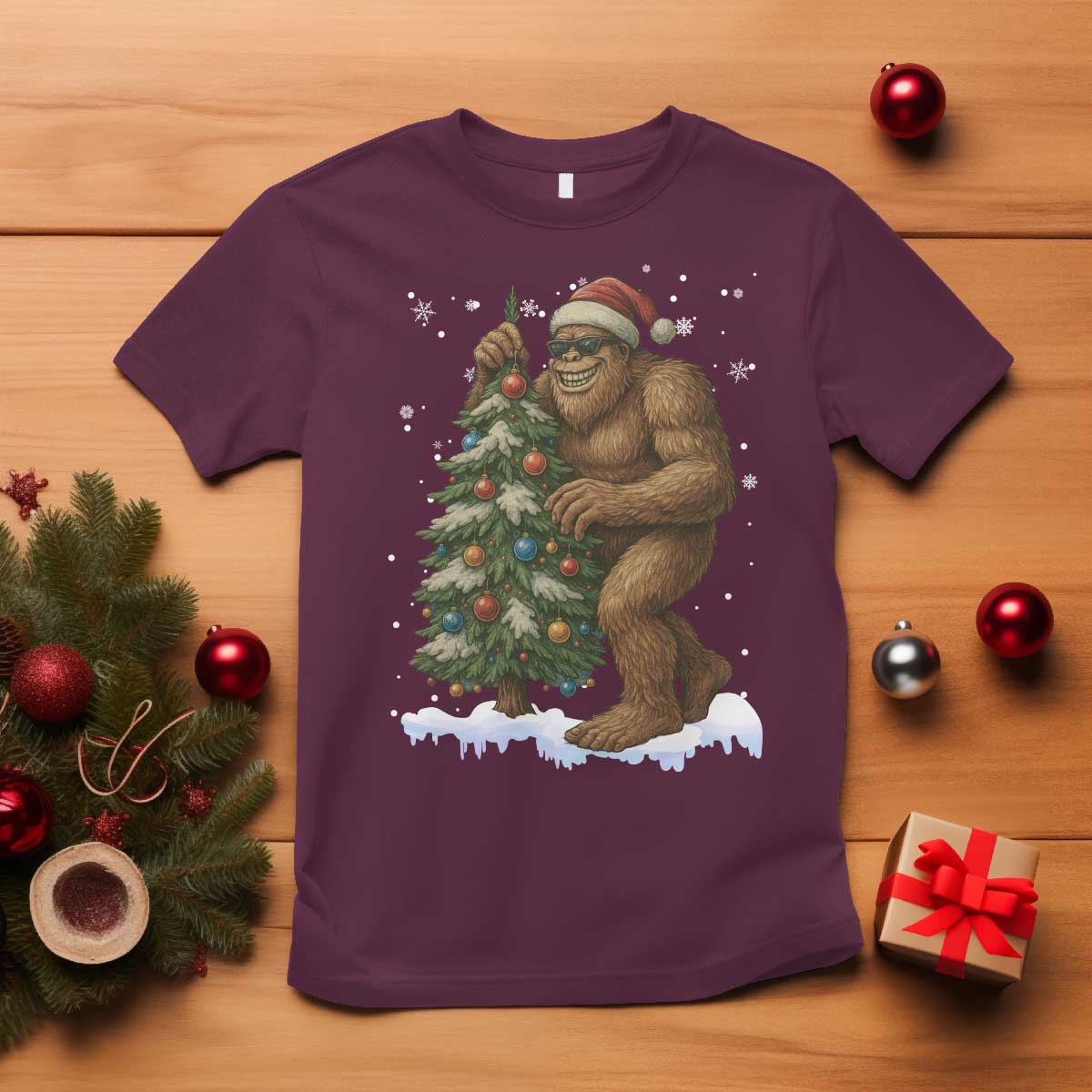 Funny Christmas T Shirt Bigfoot Decorating Xmas Tree Gift - Wonder Print Shop