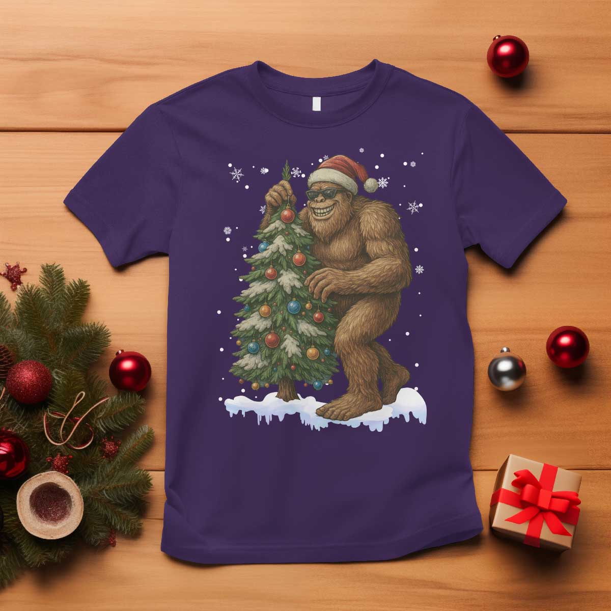 Funny Christmas T Shirt Bigfoot Decorating Xmas Tree Gift - Wonder Print Shop