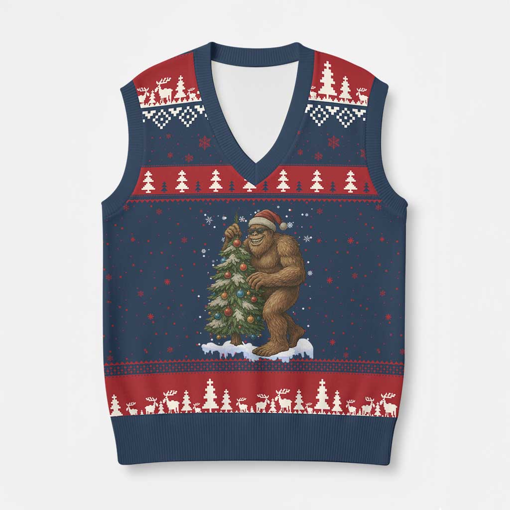 Funny Xmas V-Neck Knit Sweater Vest Bigfoot Decorating Xmas Tree Gift - Wonder Print Shop