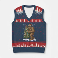 Funny Xmas V-Neck Knit Sweater Vest Bigfoot Decorating Xmas Tree Gift - Wonder Print Shop