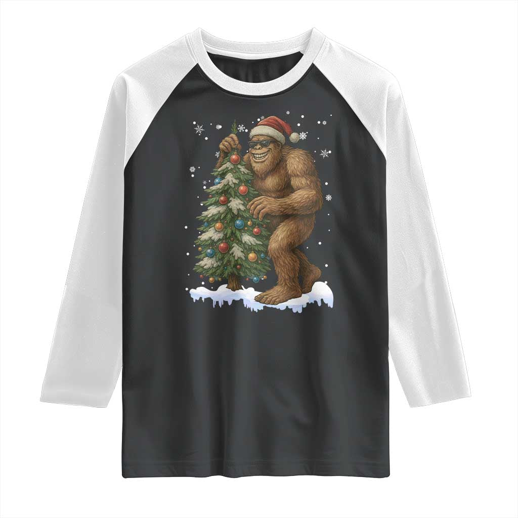 Funny Christmas Raglan Shirt Bigfoot Decorating Xmas Tree Gift - Wonder Print Shop