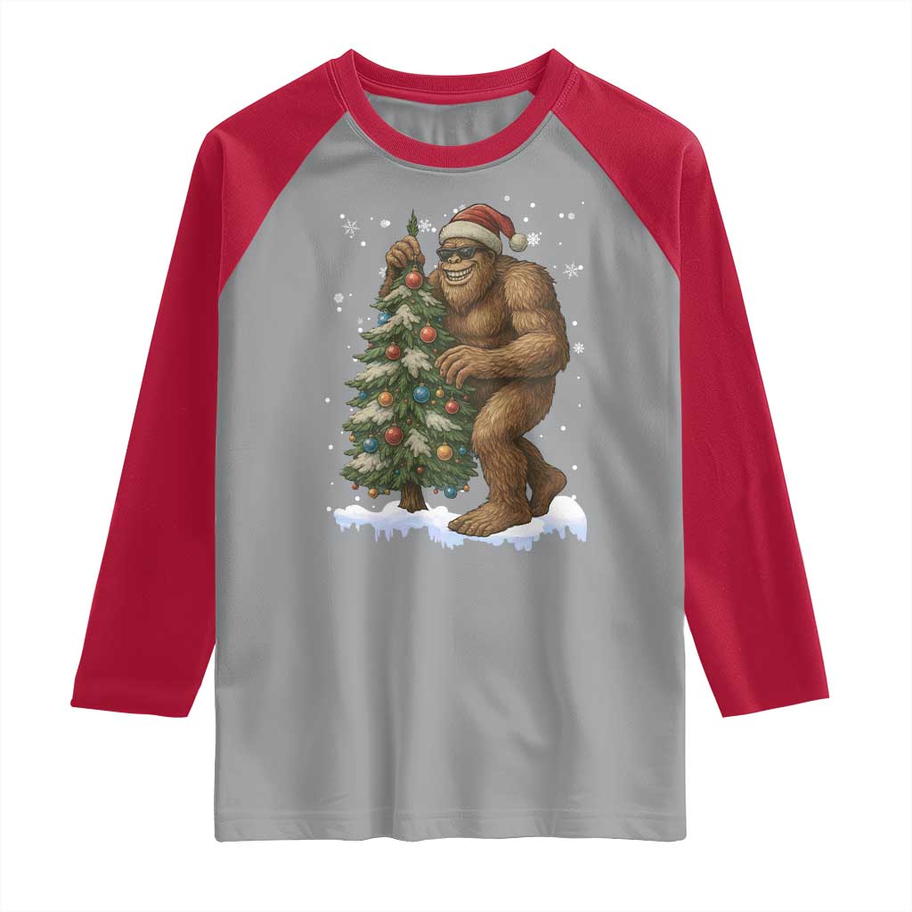 Funny Christmas Raglan Shirt Bigfoot Decorating Xmas Tree Gift - Wonder Print Shop