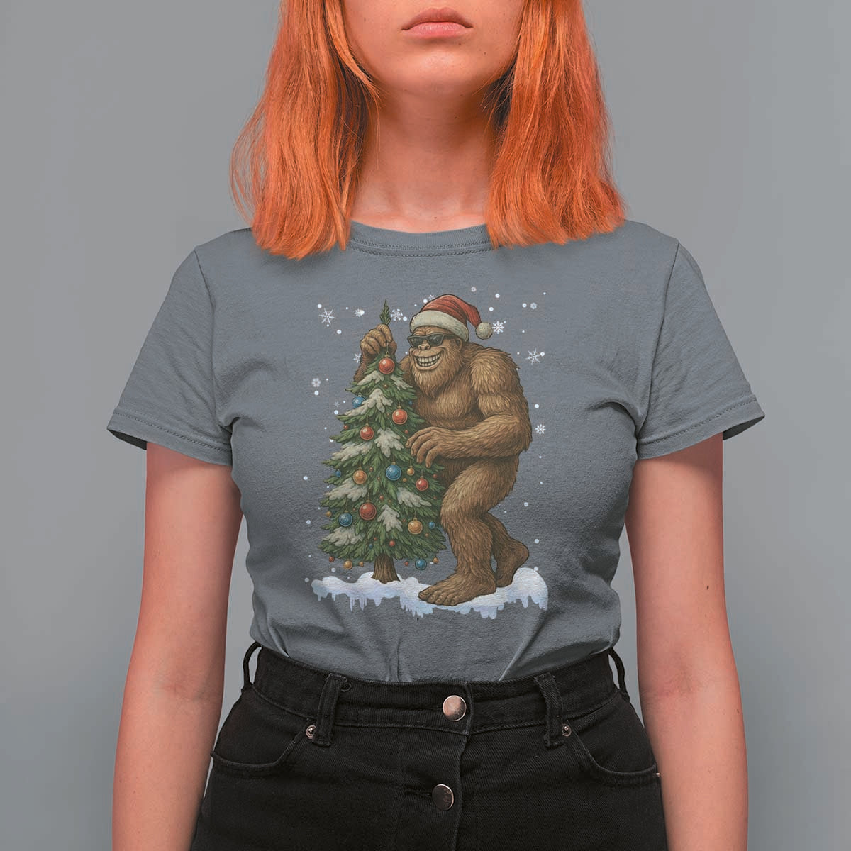 Funny Christmas T Shirt For Women Bigfoot Decorating Xmas Tree Gift - Wonder Print Shop