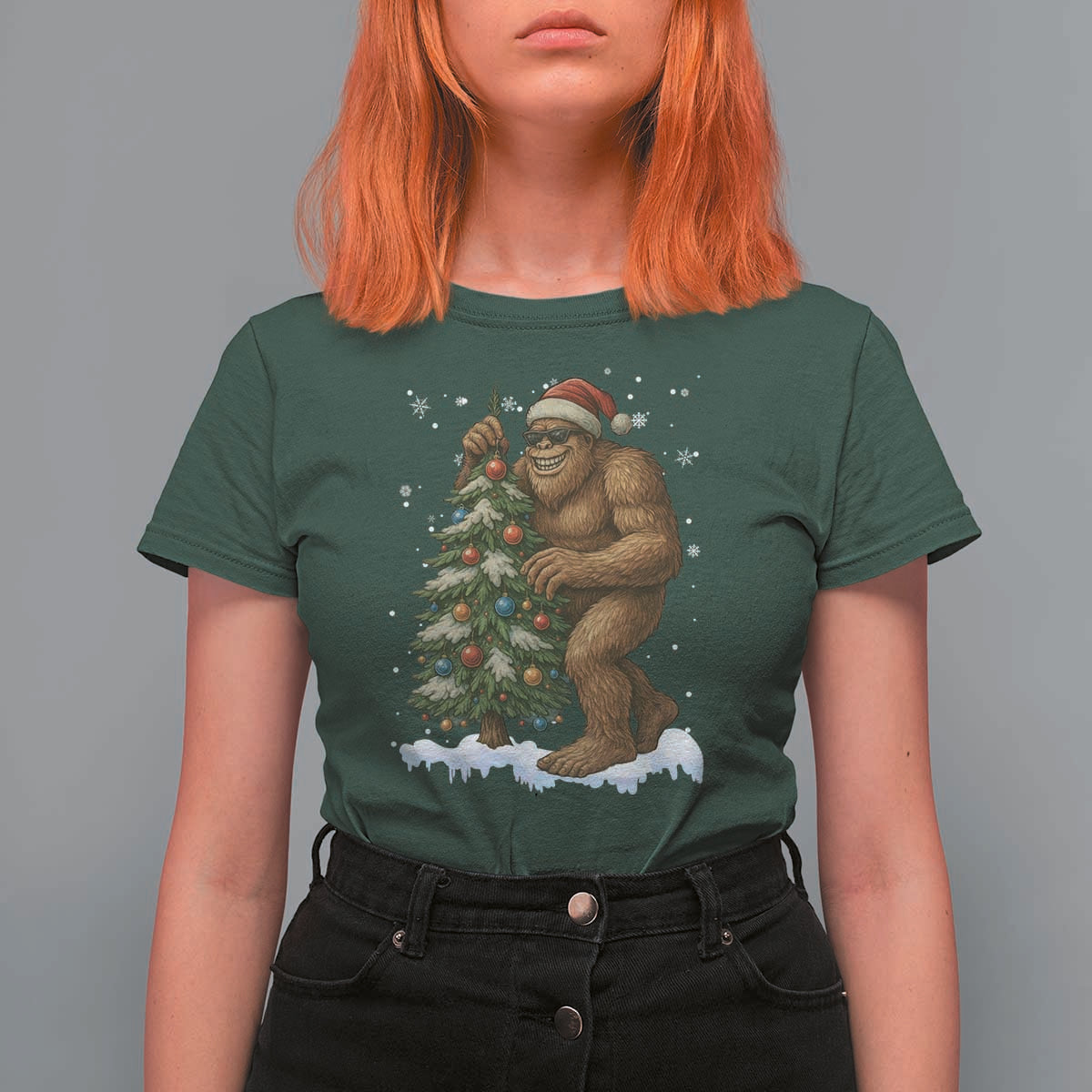 Funny Christmas T Shirt For Women Bigfoot Decorating Xmas Tree Gift - Wonder Print Shop