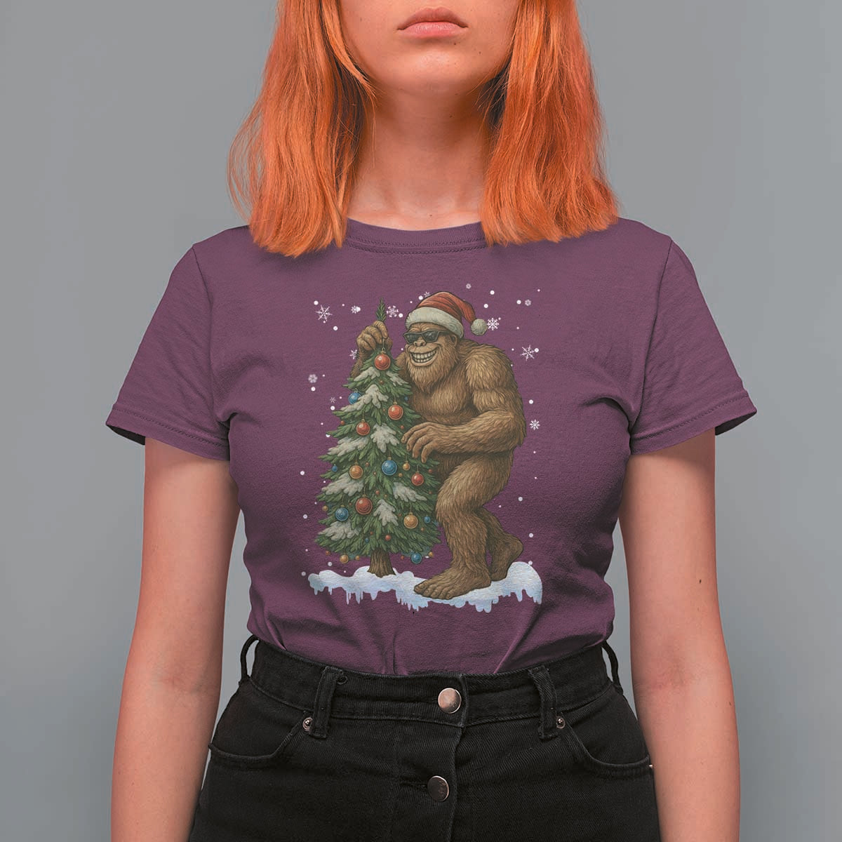 Funny Christmas T Shirt For Women Bigfoot Decorating Xmas Tree Gift - Wonder Print Shop