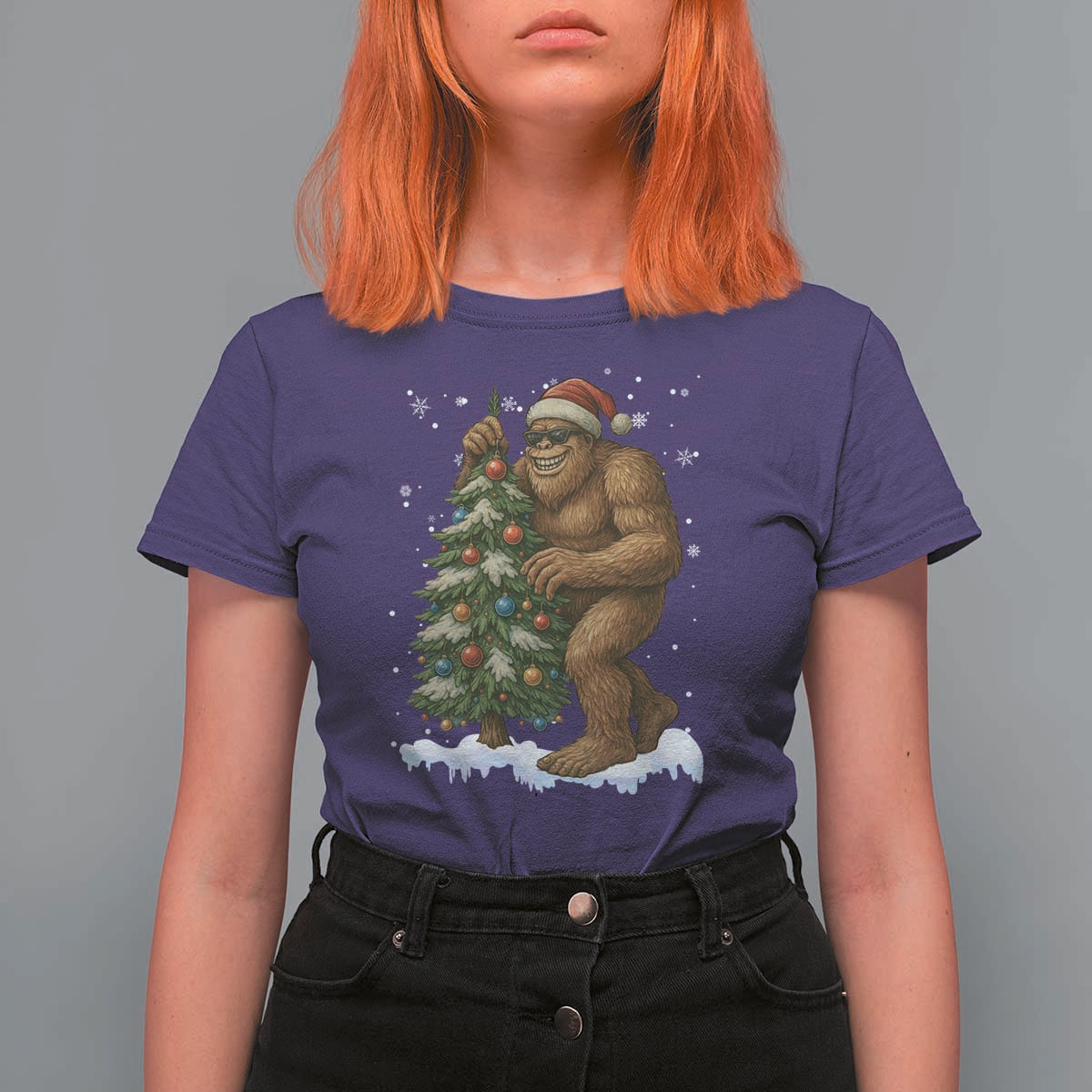 Funny Christmas T Shirt For Women Bigfoot Decorating Xmas Tree Gift - Wonder Print Shop