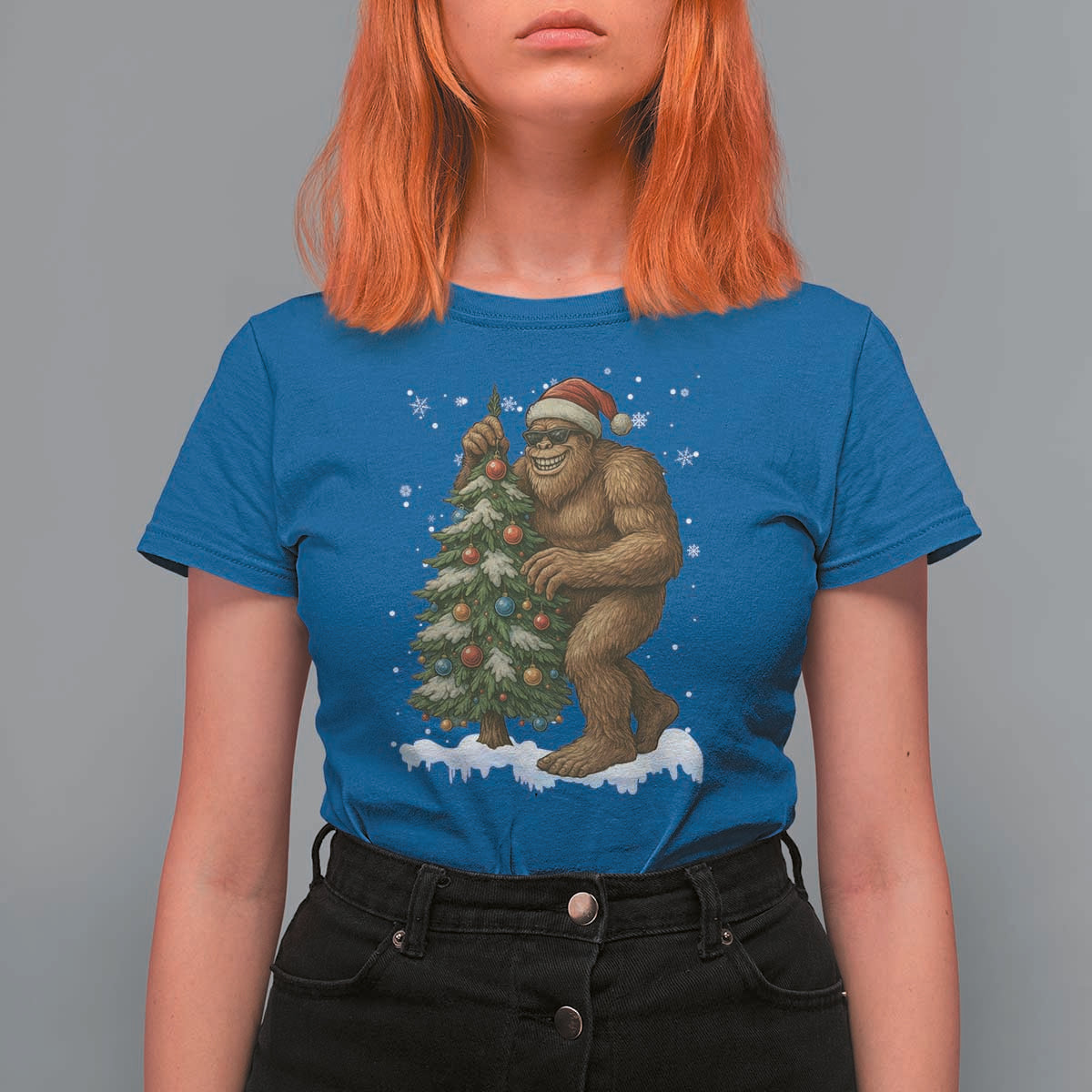 Funny Christmas T Shirt For Women Bigfoot Decorating Xmas Tree Gift - Wonder Print Shop