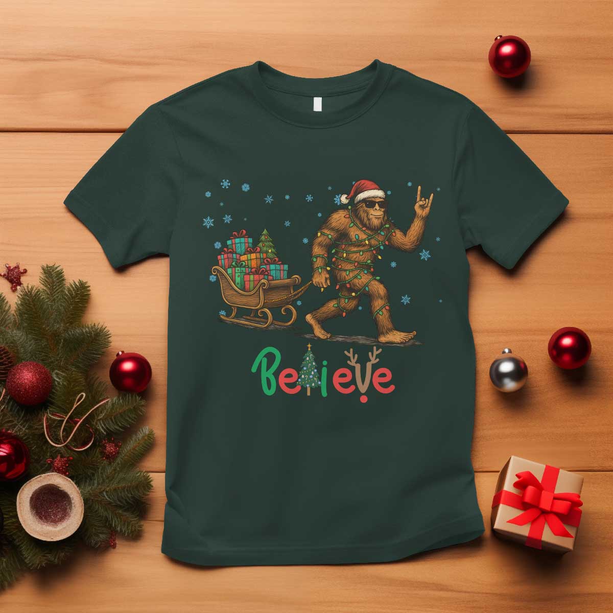 Bigfoot Christmas T Shirt Believe Funny Holiday Gift - Wonder Print Shop