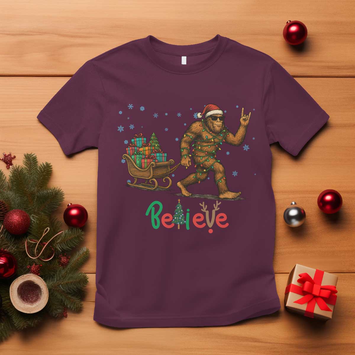 Bigfoot Christmas T Shirt Believe Funny Holiday Gift - Wonder Print Shop
