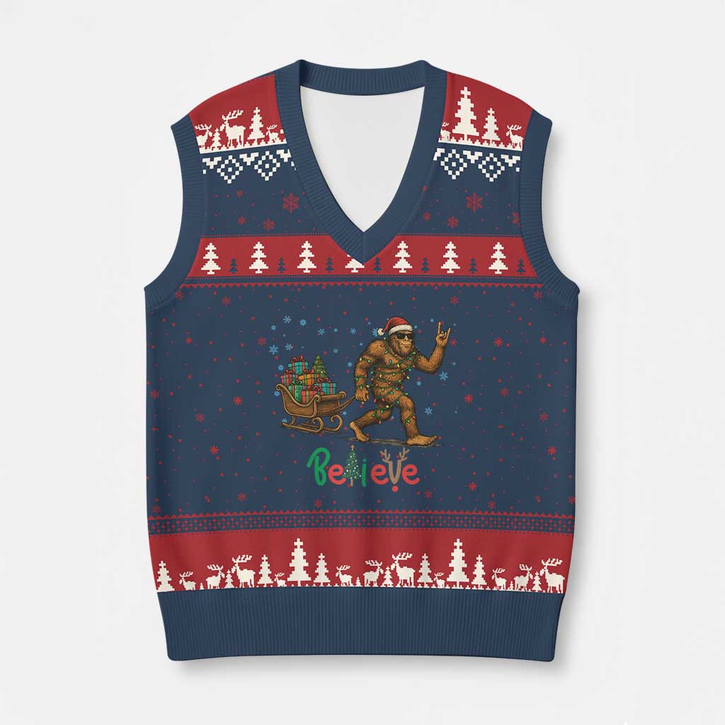 Bigfoot Xmas V-Neck Knit Sweater Vest Believe Funny Holiday Gift - Wonder Print Shop