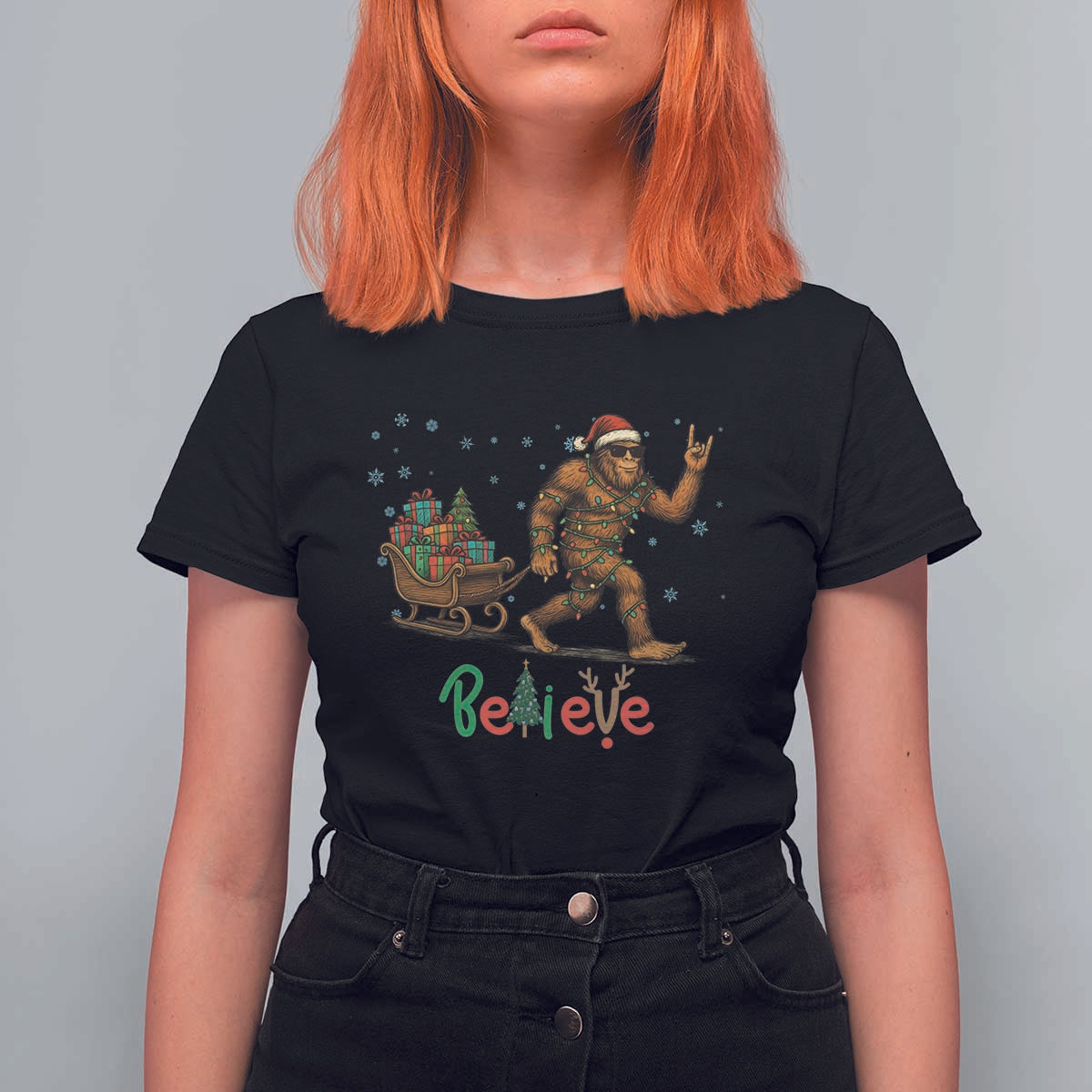 Bigfoot Christmas T Shirt For Women Believe Funny Holiday Gift - Wonder Print Shop